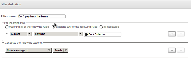 roundcube define filter rule